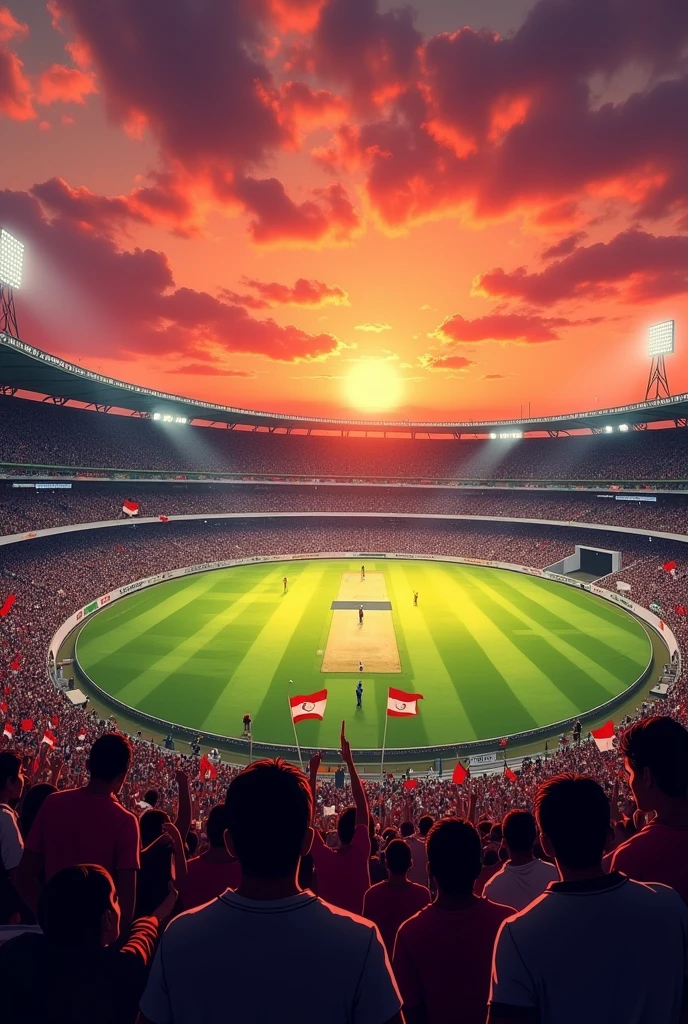 Cricket stadium in evening time Reddish sunset audience crowd chearing