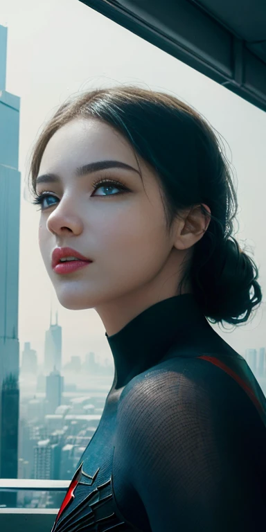 (1 girl:1.3), Alone, (((Very detailed face)))), ((very detailed eyes and face.)))), beautifuls detalles ojos, body parts__, official art, 8k unified wallpaper, Super detailed, beautiful and beautiful, beautiful, masterpiece, Best Quality, original, masterpiece, super fine photo, Best Quality, super high resolution, realistic realism, sunlight, full body portrait, extraordinary beauty, dynamic pose, delicate face, vibrant eyes, (from the front), He wears a Spider-Man suit., Red and black color scheme, spider, fondo muy detallado del ceiling de la ciudad, ceiling, with city views, detailed face, detailed complex busy background, disordered, gorgeous, milky white, very detailed skin, realistic skin details, visible pores, clear focus, volumetric fog, 8k hd, DSLR, high quality, film grain, White skin, photographic realism, lomography, Futuristic dystopian megalopolis, translucent