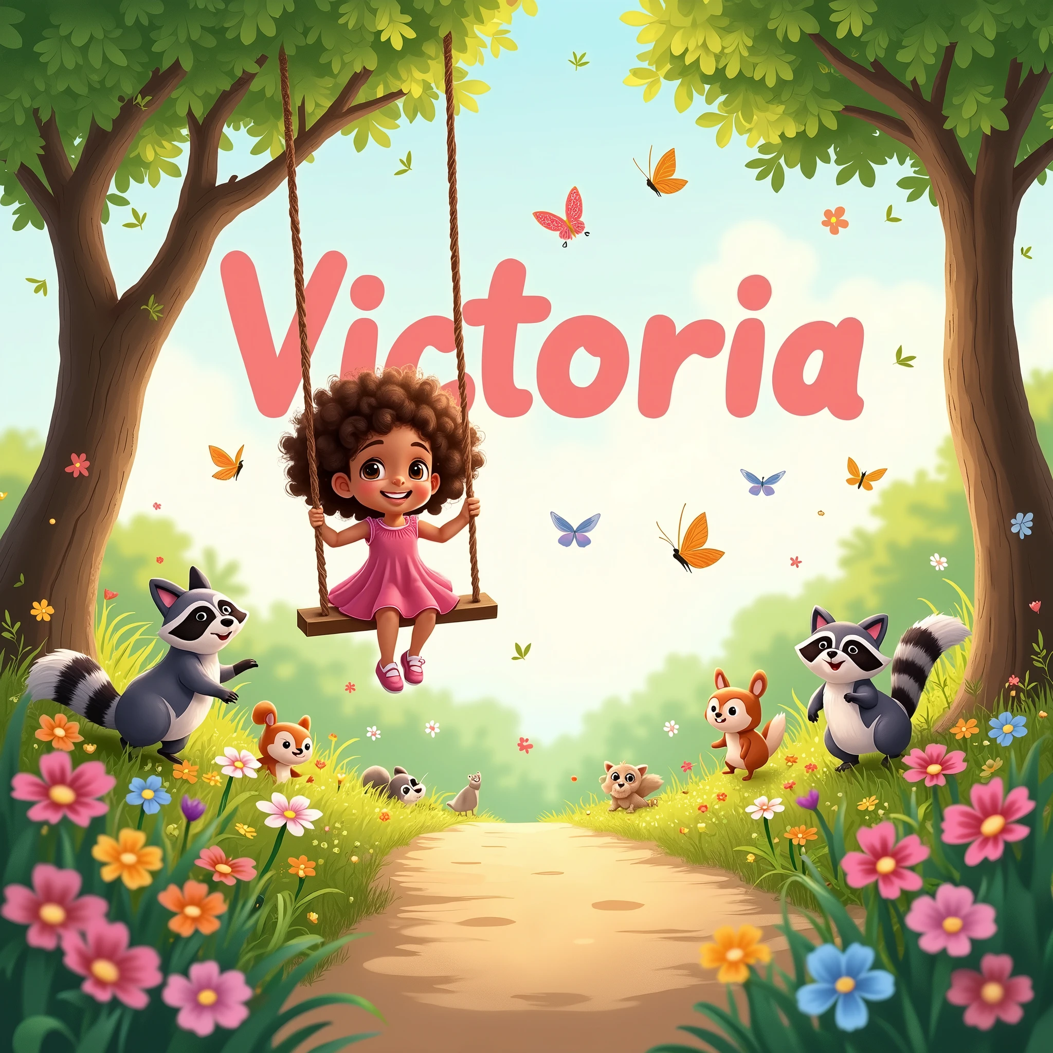beautiful big garden in spring leaves flying,A Tree Swing,various animals, butterflys, squirrel, raccoon, a smiling brown child with brown eyes in a pink dress baby , with curly hair on the swing playing, flowers along the dirt road,large image of the name Victoria written in light baby pink in the background, high resolution ,width twice as large as height