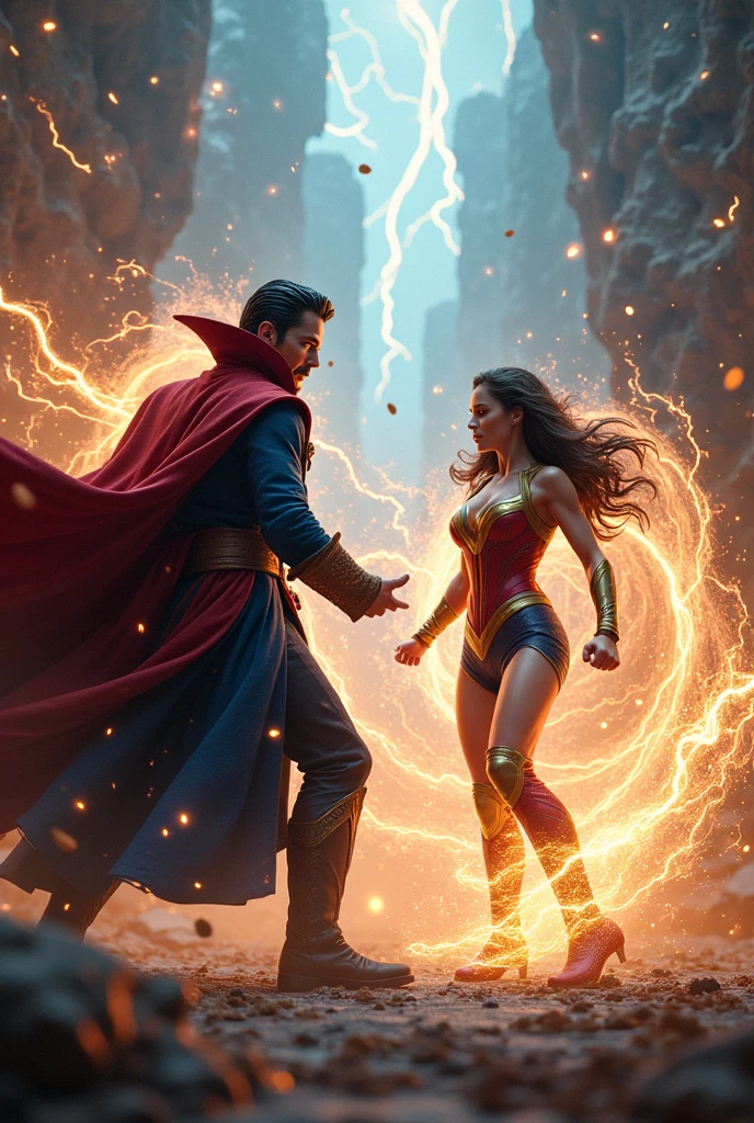 Doctor strange Vs. Super Girl (Big Breast), Fight, power, fiction, full body, 2 person