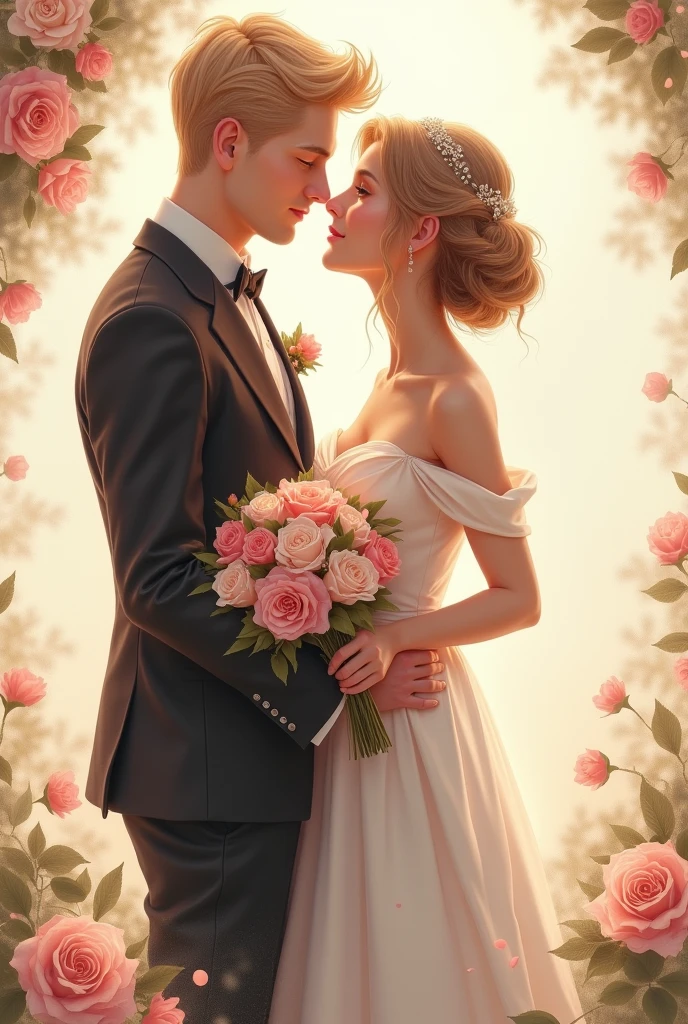 couple of lovers staring at each other, The bride in a not-too-long wedding dress with her hair up and a bouquet in her hand and the groom, tall and blond.. Bottomless and full body