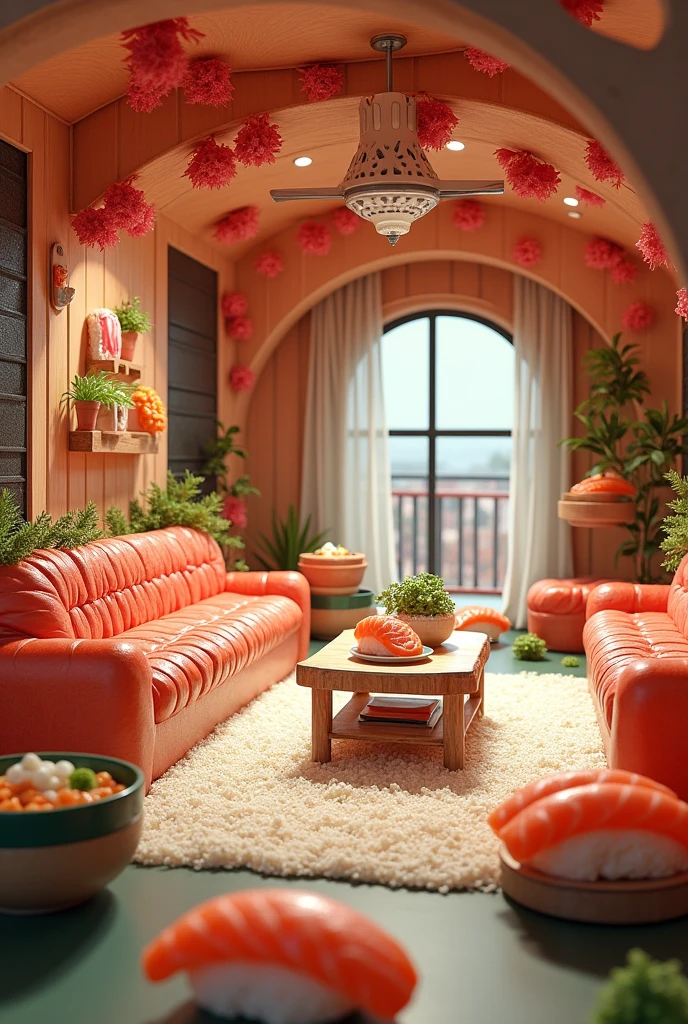 ((masterpiece, 8k, best quality, 8k, super realistic, high resolution:1.3)), fictional image, fictional living room, all made of sushi rolled with something, sofa is a raw fillet of fish, edible sofa, soft floor, floor made of cooked rice, wall made of sashimi, sushi world, everything is edible. without wood, no brick. Unconventional house, wall made of wasabi and pieces of fish.