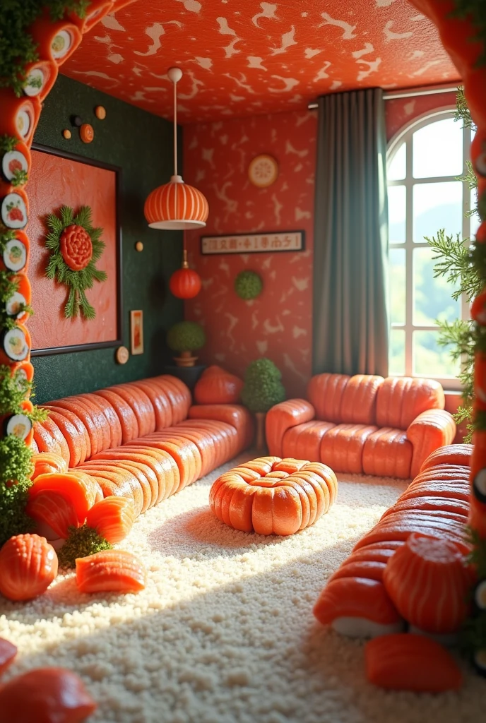 ((masterpiece, 8k, best quality, 8k, super realistic, high resolution:1.3)), fictional image, fictional living room, all made of sushi rolled with something, sofa is a raw fillet of fish, edible sofa, soft floor, floor made of cooked rice, wall made of sashimi, sushi world, everything is edible. without wood, no brick. Unconventional house, wall made of wasabi and pieces of fish.