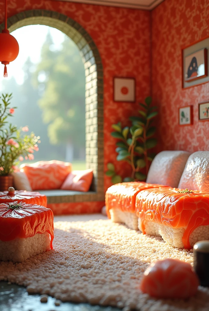 ((masterpiece, 8k, best quality, 8k, super realistic, high resolution:1.3)), fictional image, fictional living room, all made of sushi rolled with something, sofa is a raw fillet of fish, edible sofa, soft floor, floor made of cooked rice, wall made of sashimi, sushi world, everything is edible. without wood, no brick. Unconventional house, wall made of wasabi and pieces of fish.