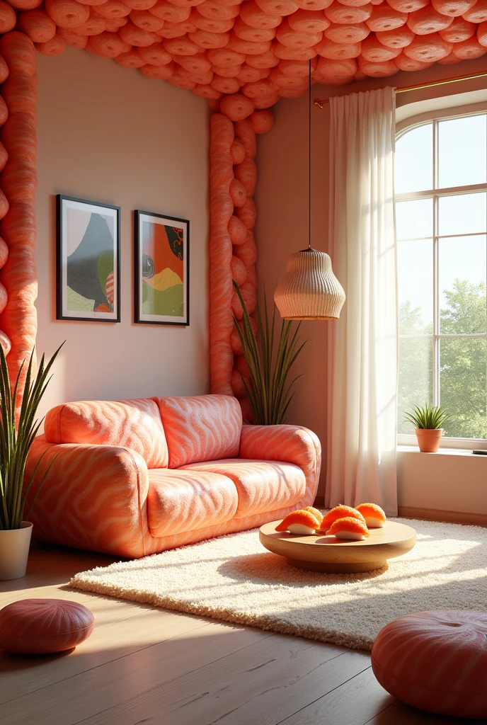 ((masterpiece, 8k, best quality, 8k, super realistic, high resolution:1.3)), fictional image, fictional living room, all made of sushi rolled with something, sofa is a raw fillet of fish, edible sofa, soft floor, floor made of cooked rice, wall made of sashimi, sushi world, everything is edible. without wood, no brick. Unconventional house, wall made of wasabi and pieces of fish.