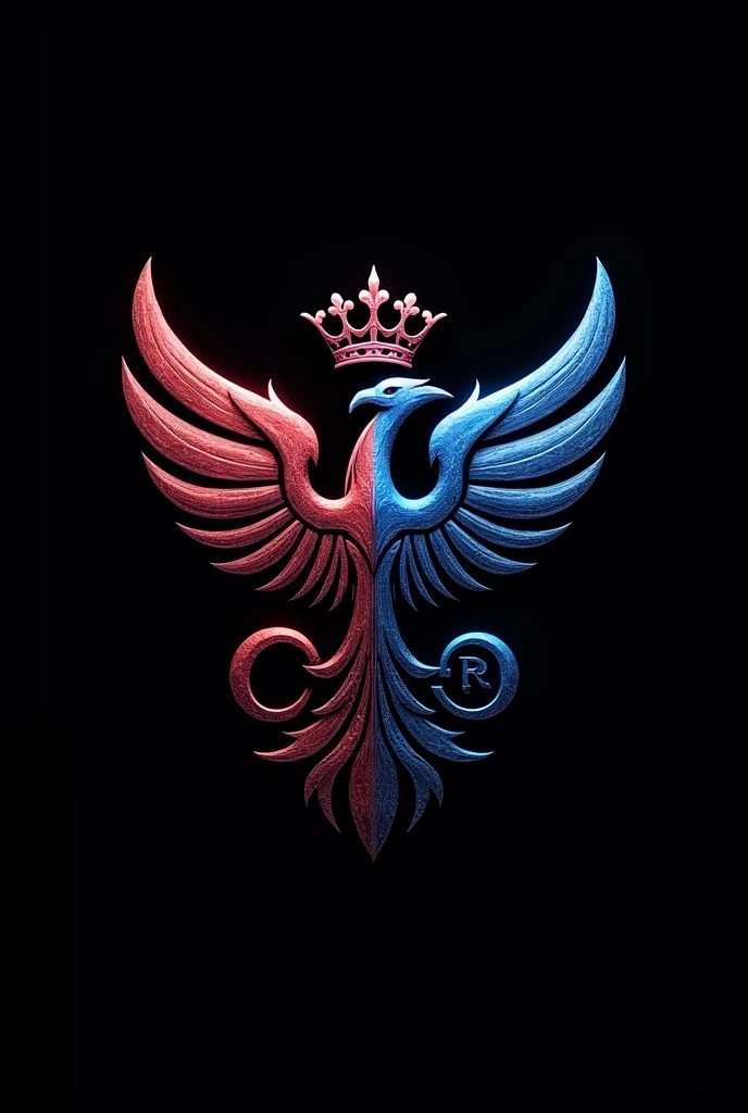 Metallic blue law firm logo with metallic violet LR licensed initials, Metallic red phoenix bird and queen&#39;s crown metallic color scales and black background 


