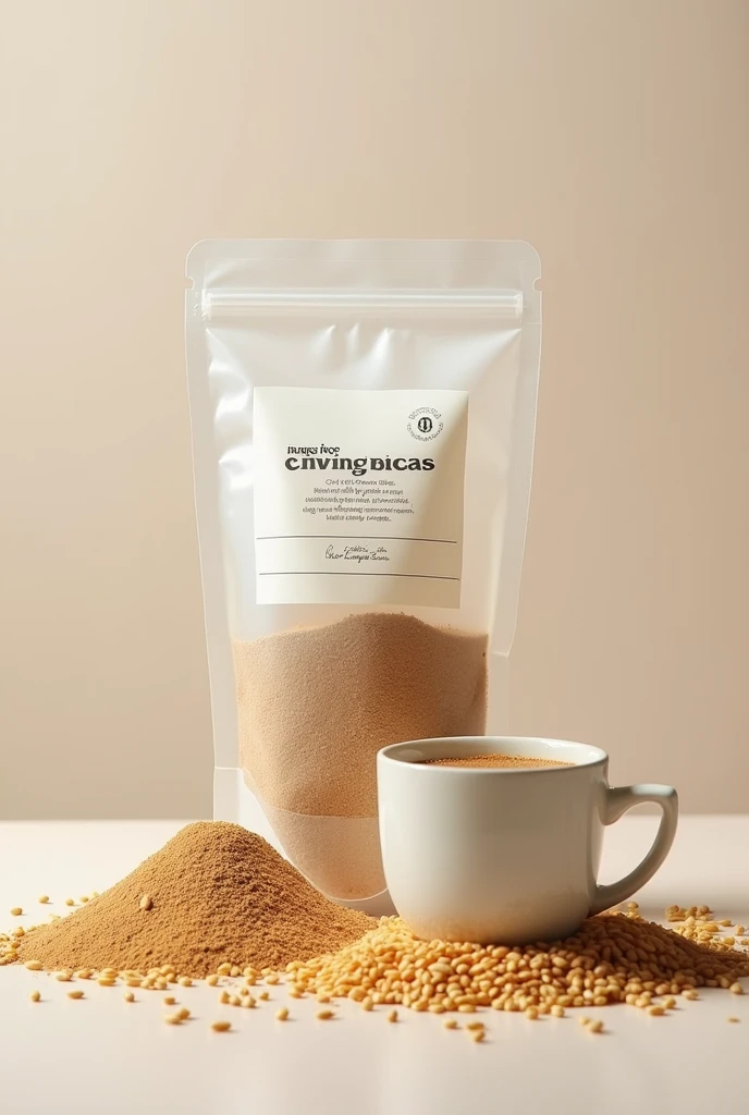 create a rice coffee in package with a lot of rice out side with name of product (kapeng bigas) simple package and can see the rice powder inside the package with a cup of rice coffee outside