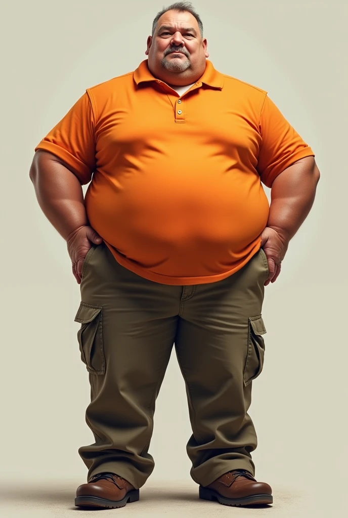 tall overweight man in orange polo shirt and cargo pants uniform