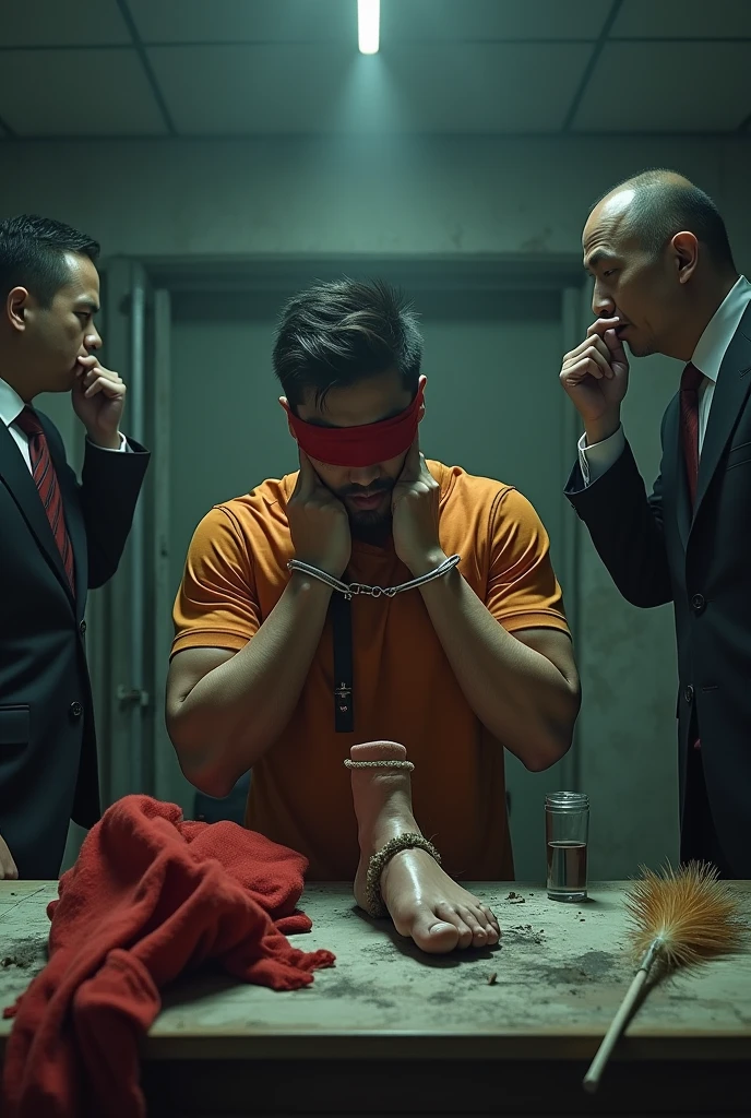 Malaysia handsome malay 20 years footballer
He smirk
Smelly feet
His hand handcuff in abondon warehouse
Blindfolded
handcuff
Football player Outfit
Focus sweaty hot feet on desk
feather duster on desk
Dirty red long sock on desk
2 mafia pinch nose
Feet fetish