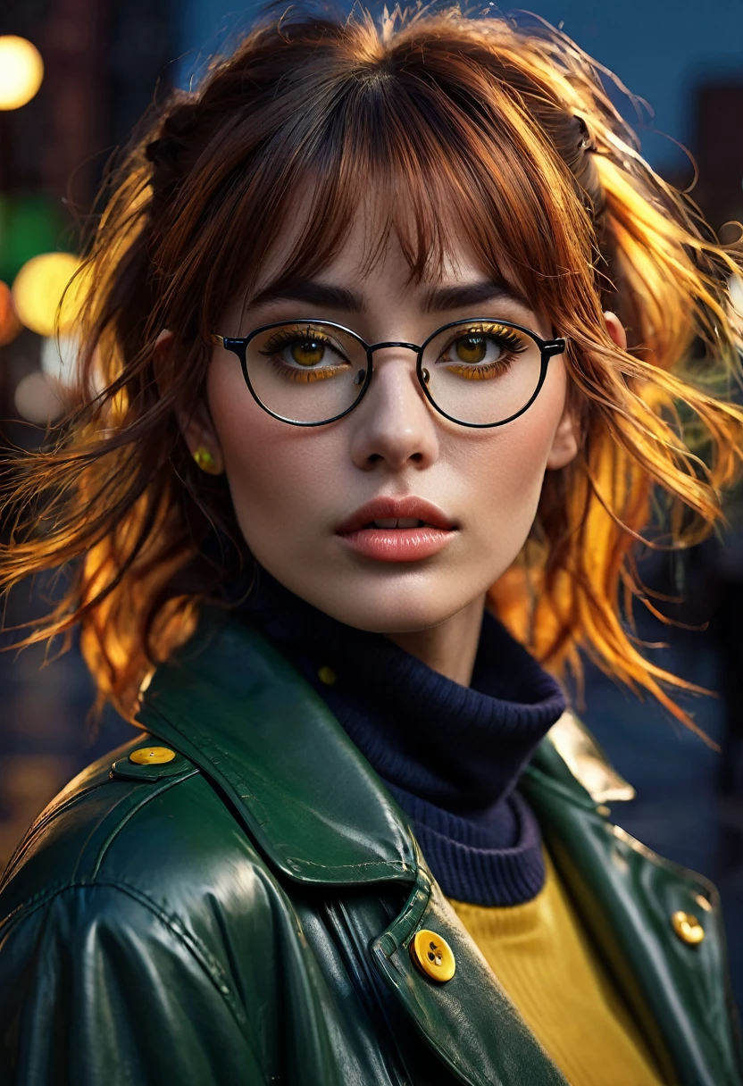 1 woman, inside a city at night, wearing a navy blue turtleneck jacket with yellow buttons, (female brown eyes,) detailed fair skin, large breasts, dark green hair with messy bangs tied in a ponytail, dramatic lighting, cinematic composition, wearing prescription glasses, dark palette, dark colors, atmospheric haze, thin chin, soft face, serious face, beautiful woman, adult woman, ultra realistic, adult woman (best quality, 4K, 8K, high resolution, art: 1.2), ultra detailed (realistic, photorealistic, photorealistic: 1.37)(((a woman with straight dark orange lob hair1.7)))(((very beautiful))), perfect face, dark and cool palette, 8K, glossy lips, extremely detailed, (high quality, realistic, photorealistic: 1.37), ideal proportions and detailed skin and defined and meticulously crafted features, unapproachable beauty, perfection, art, realism vivid, hyper-detailed sculpting, realistic shapes, truly awe-inspiring, impeccable craftsmanship, serious facial expression, pure brilliance, ethereal beauty, delicate contours, striking poses, sublime beauty, subtle nuances, dynamic compositions, vibrant colors, perfect lighting, moving expressions, celestial aura, majestic presence, dreamlike atmosphere, unmatched high level of detail, high-octane rendering in artstation, 8k art photography, photorealistic concept art, volumetric cinematic soft natural light, chiaroscuro, f