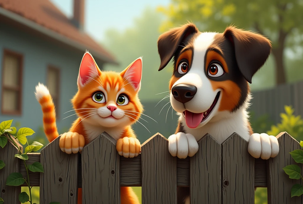 A cat and a dog hanging behind a fence  