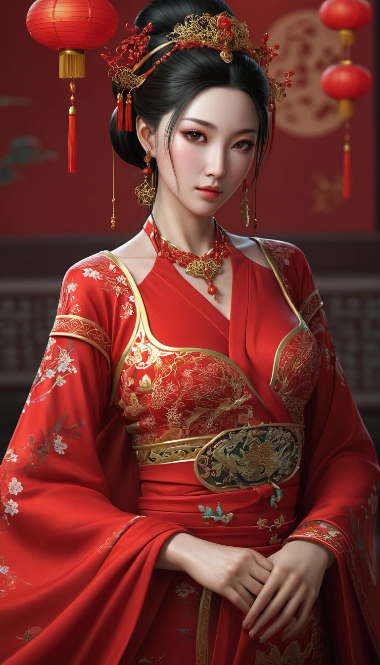arafed woman in a red dress with a red dress and jewelry, beautiful oriental woman, a beautiful fantasy empress, chinese princess, stunning cgsociety, beautiful digital artwork, 8k stunning artwork, oriental fantasy, chinese girl, cinematic. by leng jun, 8k high quality detailed art, beautiful render of tang dynasty, beautiful alluring anime woman