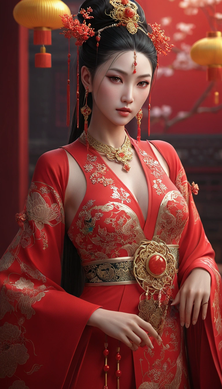 arafed woman in a red dress with a red dress and jewelry, beautiful oriental woman, a beautiful fantasy empress, chinese princess, stunning cgsociety, beautiful digital artwork, 8k stunning artwork, oriental fantasy, chinese girl, cinematic. by leng jun, 8k high quality detailed art, beautiful render of tang dynasty, beautiful alluring anime woman