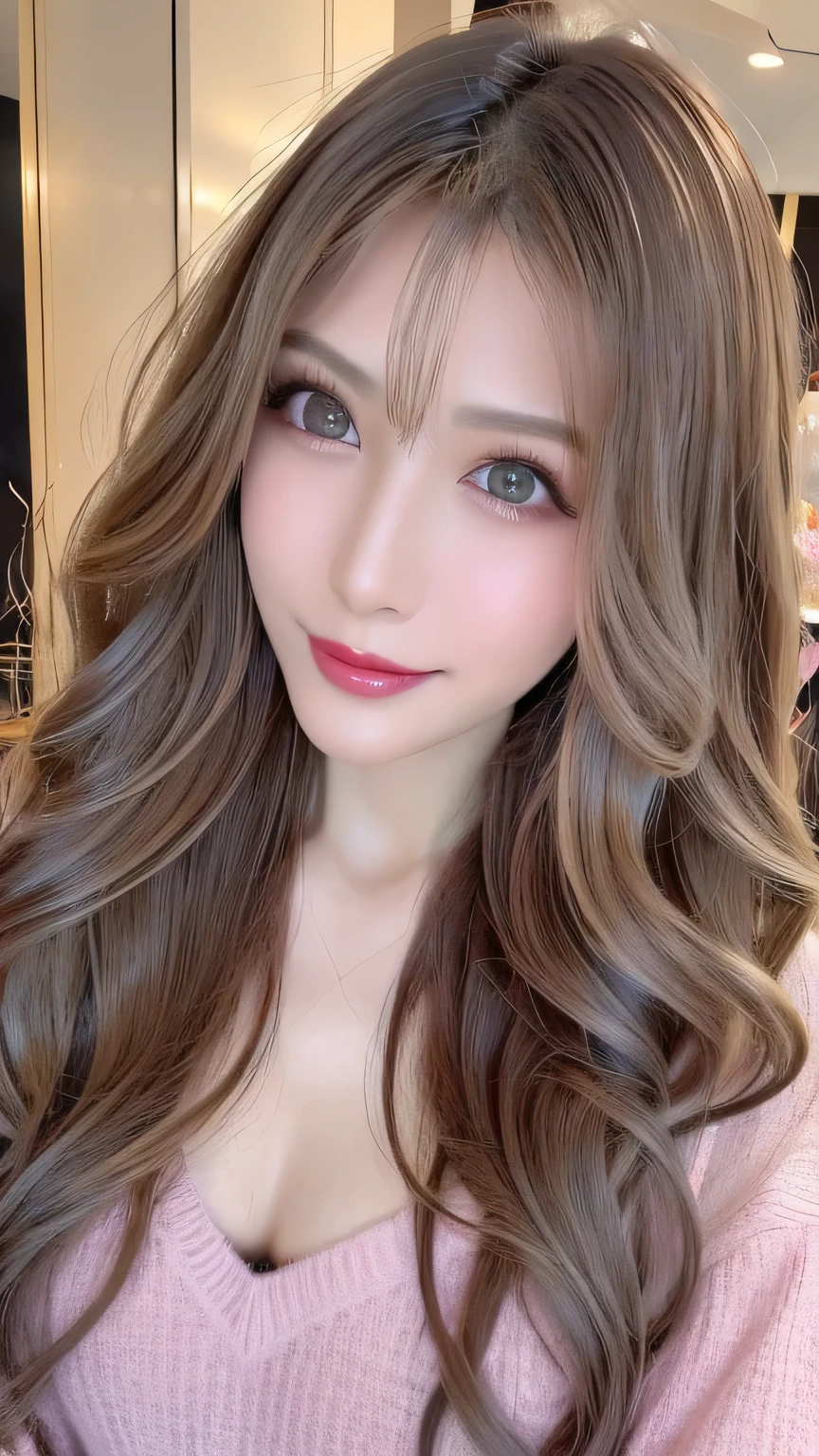 (Cowboy Shot、Highest quality、8k、Award-winning works、Ultra-high resolution)、One beautiful woman、(The perfect and sexiest cleavage revealing sweater:1.2)、Perfect big breasts、(Greige、Balayage:1.5)、Bright color contacts、Perfect Makeup、Bright and shiny lipstick、(Very heavy makeup:1.2)、(Deep pink around the eyes:1.3)、Beautiful bright eyeshadow、Heavy makeup around the eyes、(Huge breasts:1.2)、very long wavy hair、(Romantic affection:1.1)、The best smile when you see me、(Most of them emphasize the body line.:1.1)、(Strongly blurred and vibrant background of the Omotesando street:1.1)、(Strongly blurred background:1.1)、Accurate anatomy、Ultra HD Hair、(Ultra-high resolution for perfect, beautiful teeth:1.1)、Ultra-high definition beauty face、Ultra HD Hair、Ultra-high definition sparkling eyes、Shining, Ultra-high resolution beautiful skin、Ultra-high resolutionの艶やかな唇