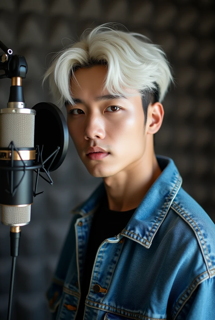 ((4K Works))、masterpiece、(Top quality)、((High level of image quality))、((A manly boy))、slim、((Charming and sexy denim fashion))、((Men's Fashion))、(Detailed beautiful eyes)、In a soundproof room、Recording Songs、face shape and《Ruseraphim》Chaewon in similar、((Short hair above the ears))、((The face becomes smaller))、((neutral face))、((White hair))、((Brown eyes))、((Korean boy))、((1))、((Handsome man))、((Sing))、((Korean makeup))、((Elongated and sharp eyes))、((Like a celebrity))、Daily Photography、((Solo shooting))、((Shot from the side))、((Upper body photography))、((Model Photos))