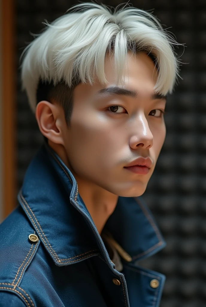 ((4K Works))、masterpiece、(Top quality)、((High level of image quality))、((A manly boy))、slim、((Charming and sexy denim fashion))、((Men's Fashion))、(Detailed beautiful eyes)、In a soundproof room、Recording Songs、face shape and《Ruseraphim》Chaewon in similar、((Short hair above the ears))、((The face becomes smaller))、((neutral face))、((White hair))、((Brown eyes))、((Korean boy))、((1))、((Handsome man))、((Sing))、((Korean makeup))、((Elongated and sharp eyes))、((Like a celebrity))、Daily Photography、((Solo shooting))、((Shot from the side))、((Upper body photography))、((Model Photos))