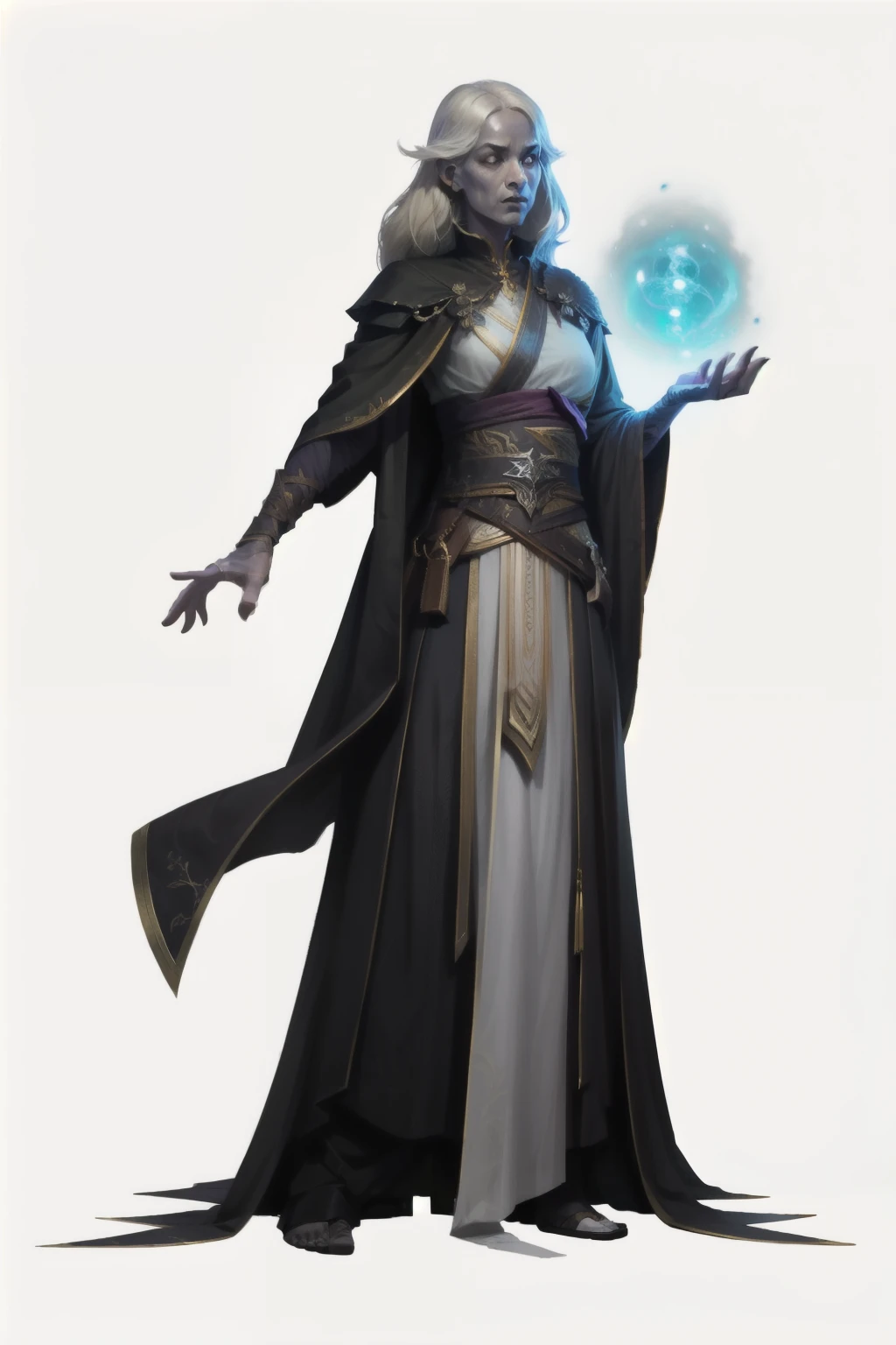 RPG character, I want a character with a white background, png, Full-body image, Shrivvel – Pele Palida , person pale as snow, frightening look and visible serenity, long and loose hair, waist-length, light hair, yellowish glowing gaze and upright posture, almost a ghost,calm face, the character with long black clothes down to his feet, semi transparent white skin color, possible to see veins behind the almost transparent skin, facing the front
