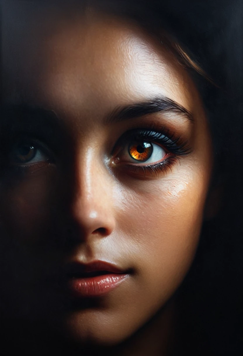 painting of a human eye, sharp deep shadows, light makes the eye beautifully transparent, dark atmosphere, cinematic scene, volumetric lights, ultra realistic, in the style of nicola samori