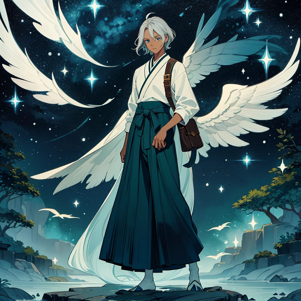 Solo man with black skin, silver hair, short wavy hair. Bright sky blue eyes. Green branches with elongated leaves. Modern White High Neck Sweater. Hakama pants, belt at the waist with bag. a large pair of wings. Dark blue with green sparkles reminiscent of a starry night sky Mystical atmosphere, delicate brushwork, magical scenery, Peaceful and serene. detailed clothing. nature background.