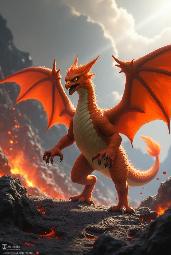 A Charizard and a eagle murge image with dangerous looking ready to fight with wounded and bleeding outside a volcano 
