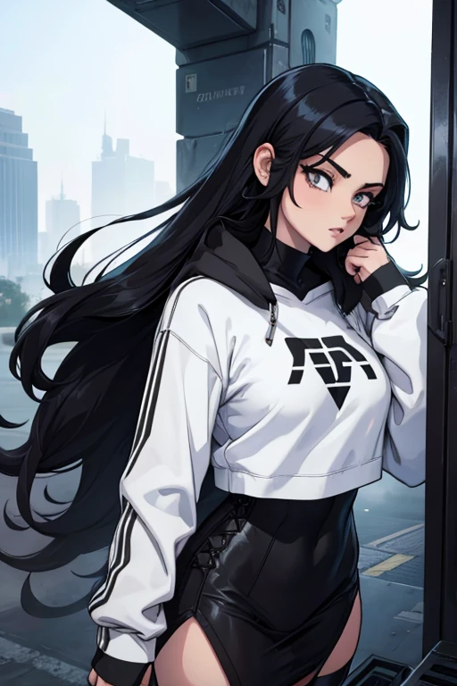 Age 22, White skin girl, , Bblack hair, extremely long hair, , sweatshirt clothes, futuristic armor, Female One, short preto, blackstockings, Women'black sneakers, Bblack hair, hair between the eyes, Bblack hair, cloused mouth, range, cabelo bagunçado Bblack hair cabelo extremamente longos olhos cinzas