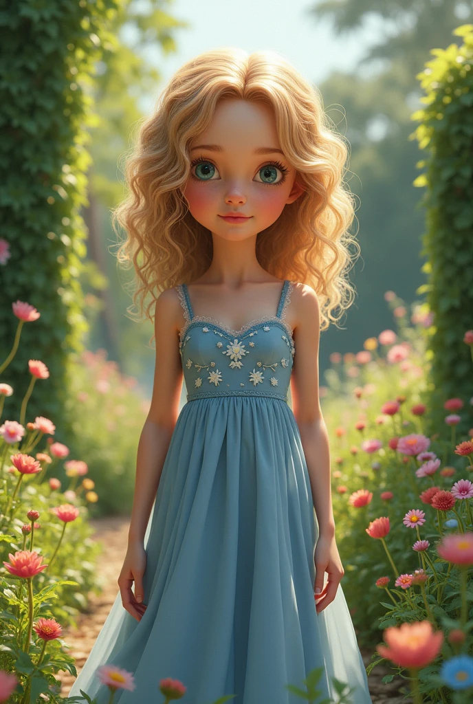 Generated a photo of a  girl with a blue floral dress, she has blonde hair with curly hair and behind her there is a garden