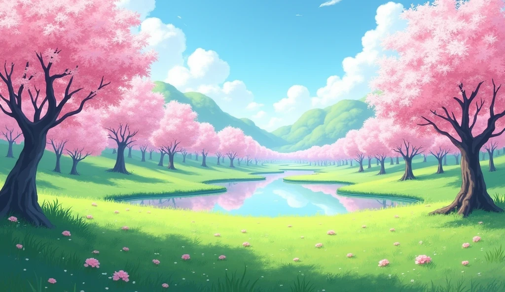 Grass and cherry blossoms Cherry trees with pink flowers dot the area. Snow days are very beautiful, with clear ponds.