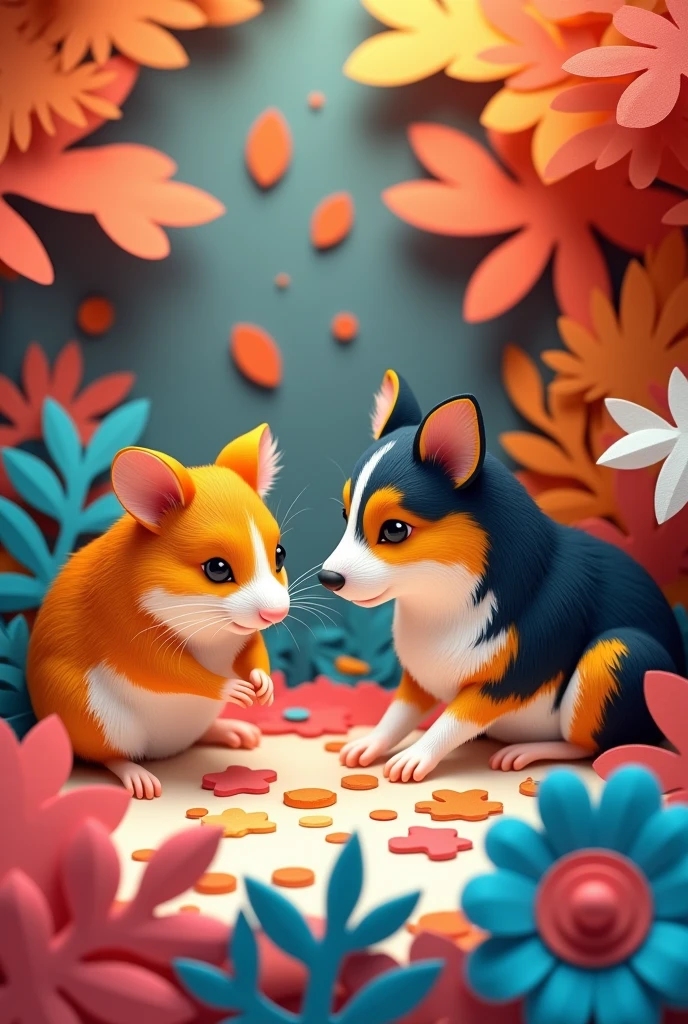 A hamster and a tricolour collie cutting coloured paper, masterpiece, all in three dimensional paper art、(Almond Shapes);1.9、(Three-dimensional paper-cut art.、fullcolor):1.9