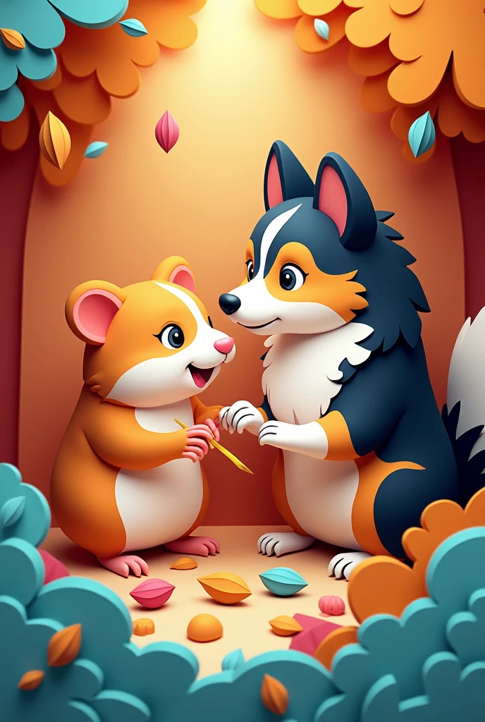 A hamster and a tricolour collie cutting coloured paper, masterpiece, all in three dimensional paper art、(Almond Shapes);1.9、(Three-dimensional paper-cut art.、fullcolor):1.9