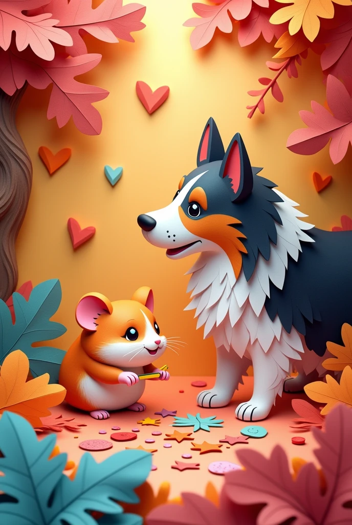 A hamster and a tricolour collie cutting coloured paper, masterpiece, all in three dimensional paper art、(Almond Shapes);1.9、(Three-dimensional paper-cut art.、fullcolor):1.9