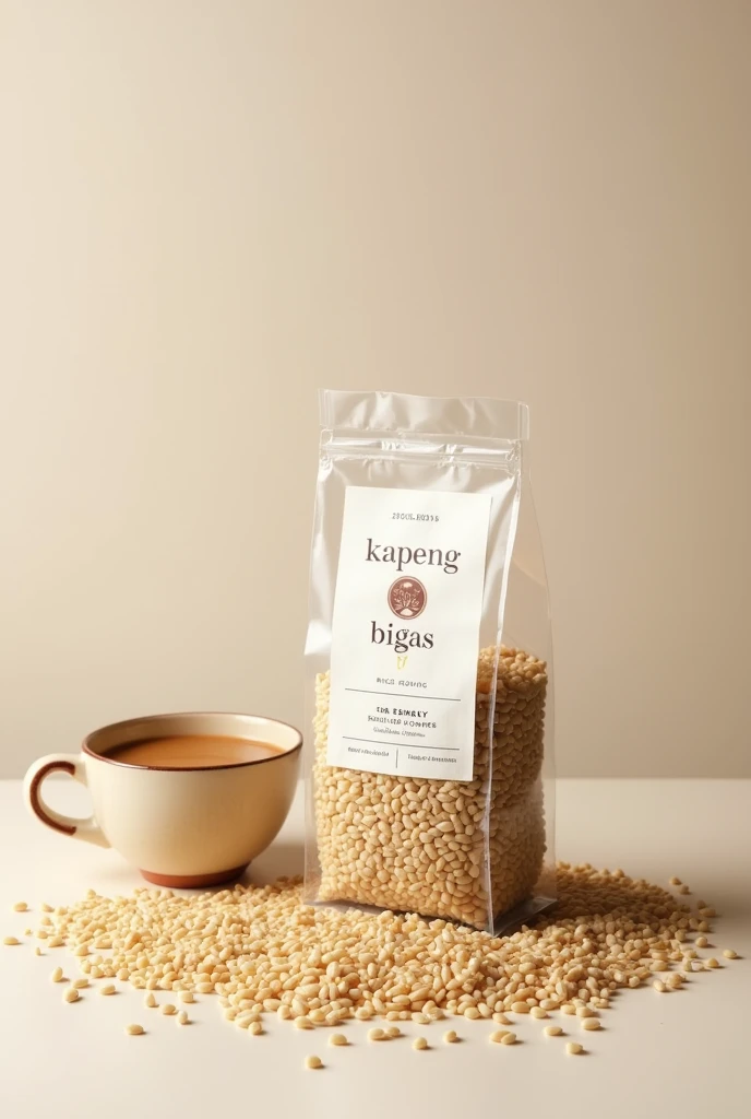 create a rice coffee in package with a lot of rice out side with name of product (kapeng bigas) simple package and can see the rice powder inside the package with a cup of rice coffee outside
