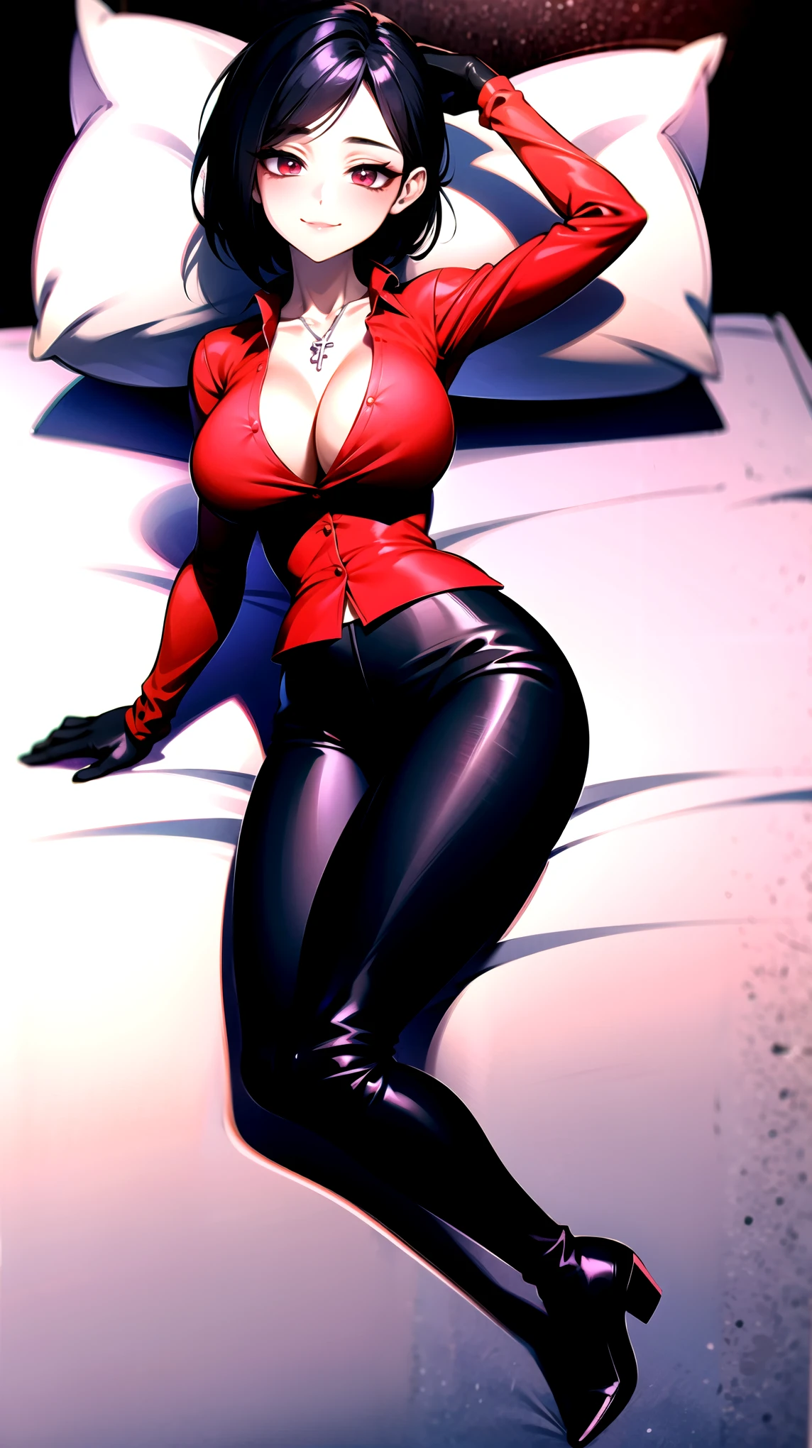 ((super high quality,))((Ultra-high resolution,))(16K,)(super masterpiece,)((Ultra HD ,))(Detailed shading,)Full body photo,One sexy mature woman,((Red collared shirt,popped Tight collar,))Folded sleeves,Black long gloves,(Glossy black pants, Black long boots,)Black hair straight short,Sharp Eyes,blush,Sexy smile,Cleavage,Cross Necklace,Lying in bed,Put your hands on your head,Turn your hips to the side,Bend your knees,