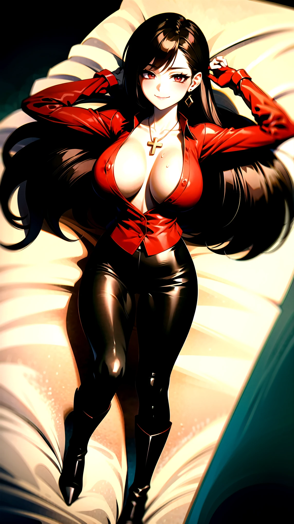 ((super high quality,))((Ultra-high resolution,))(16K,)(super masterpiece,)((Ultra HD ,))(Detailed shading,)Full body photo,One sexy mature woman,((Red collared shirt,popped Tight collar,))Folded sleeves,Black long gloves,(Glossy black pants, Black long boots,)Black hair straight short,Sharp Eyes,blush,Sexy smile,Cleavage,Cross Necklace,Lying in bed,Put your hands on your head,Turn your hips to the side,Bend your knees,