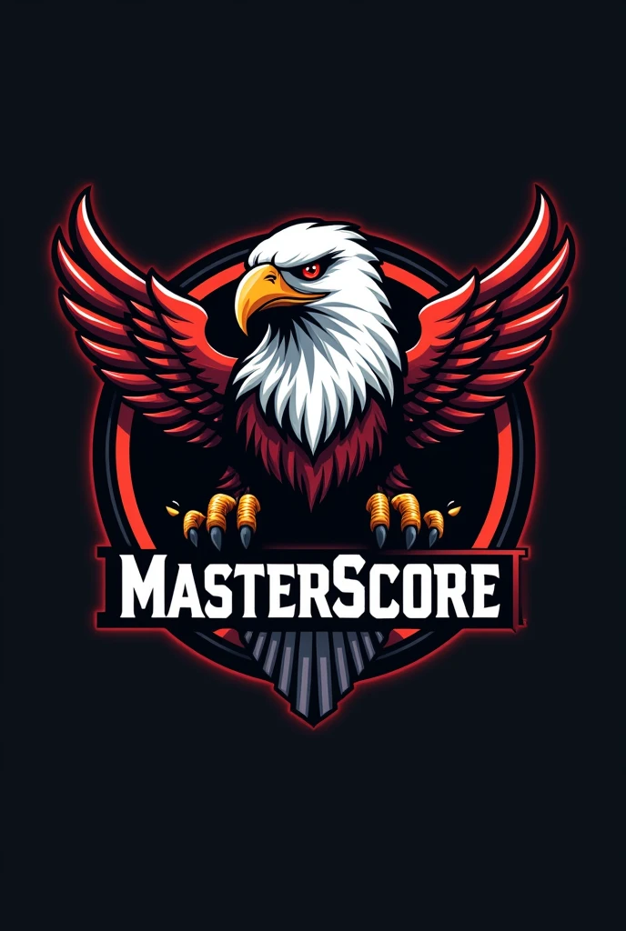 Create a logo with the word MasterScore and an angry eagle, Let the logo be circular