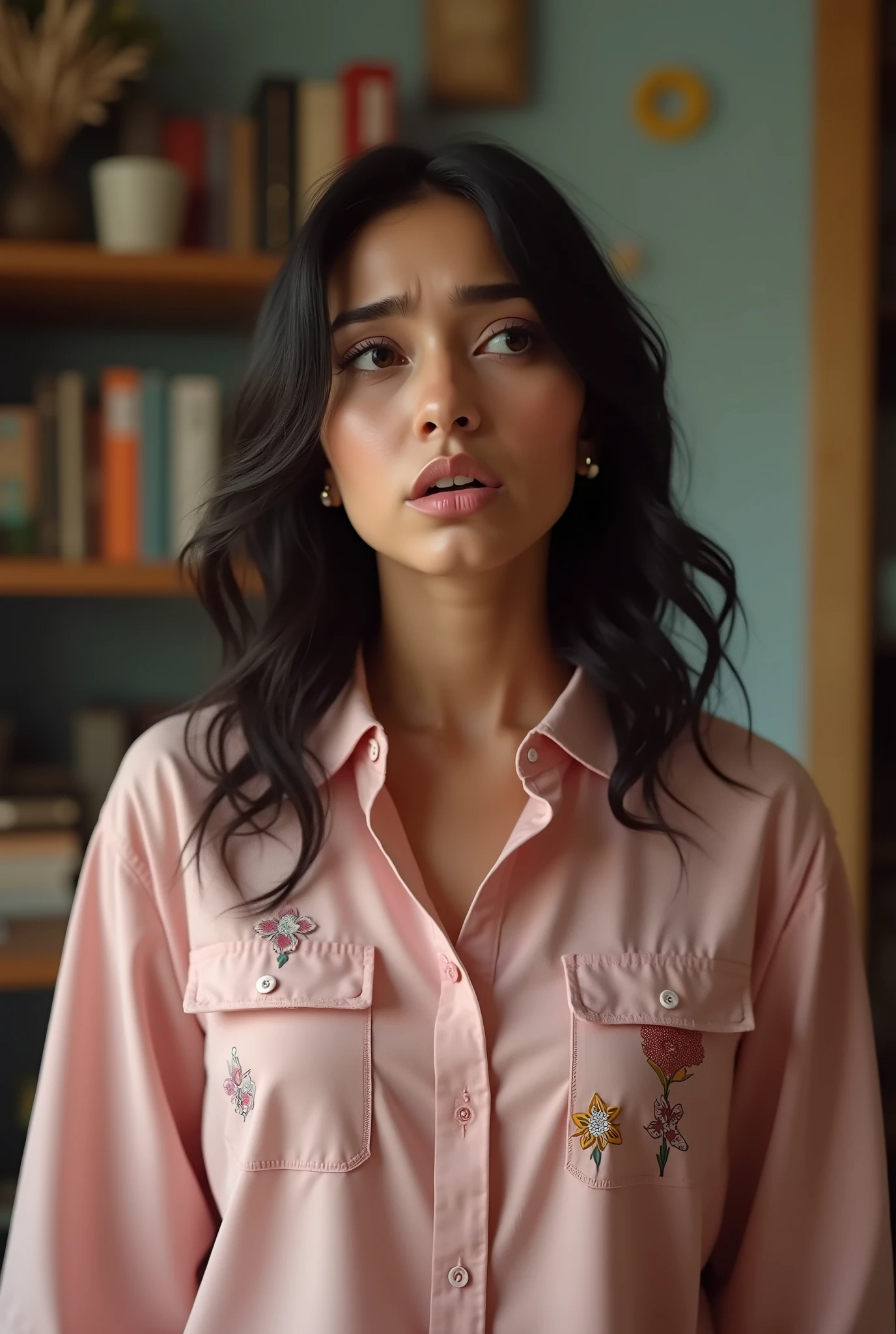 A Brazilian woman in her home, wearing a  pink shirt with floral print, with a desperate face because he was asked to marry and doesn&#39;t know where to start organizing the steps 