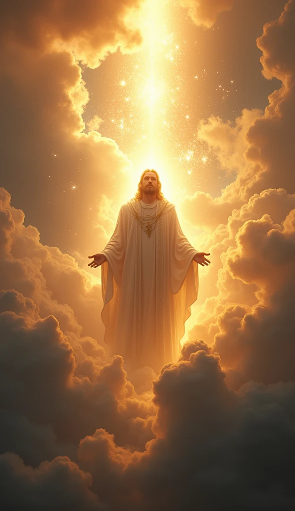 (Ultrarealistic 8k Image, improves quality) The Prophecy of the Messiah "Create a powerful and prophetic scene with the image of a divine messiah. Cut an imposing figure, surrounded by a luminous aura, with a dramatic background of clouds and rays of light. Include prophetic symbols and an atmosphere of grandeur and expectation to enhance the impact of the prophecy.."