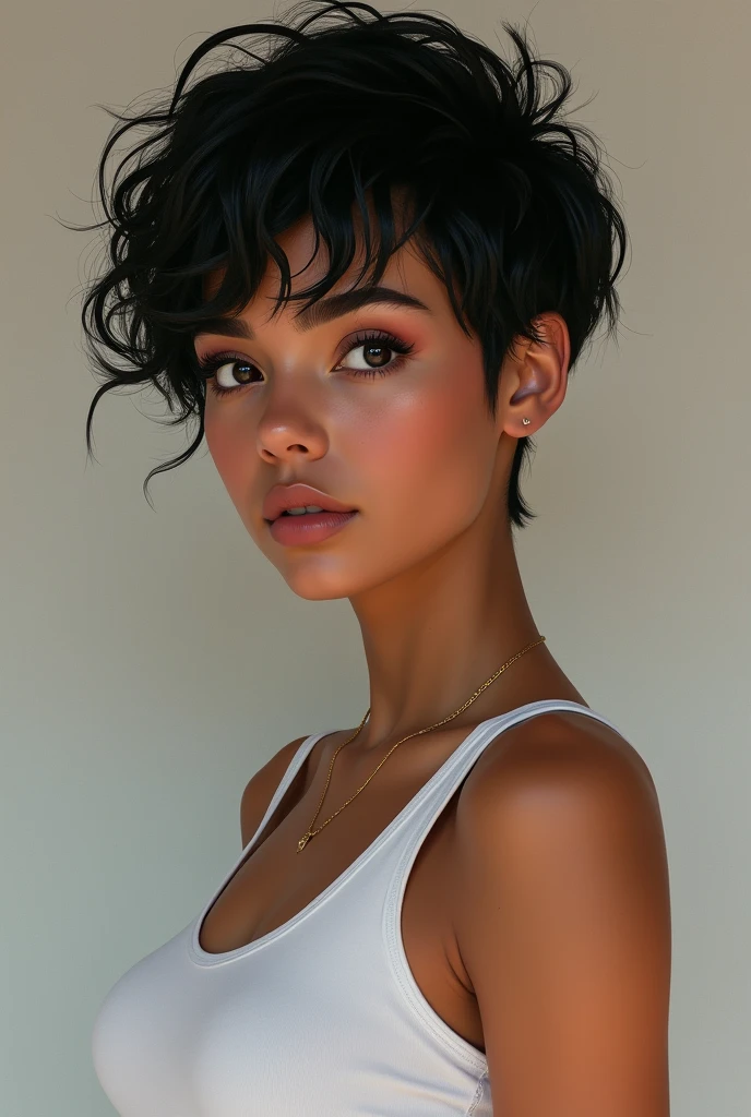 (Photo-realism), (Best quality, masterpiece, full of details), teenage girl, latina, tomboy, brown skinned female, tan brown skin, beautiful face, gorgeous supermodel face, detailed black eyes, short black hair, Pixie cut, white tank tops, skinny body