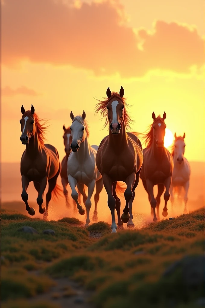 Seven horses running in sun rise time