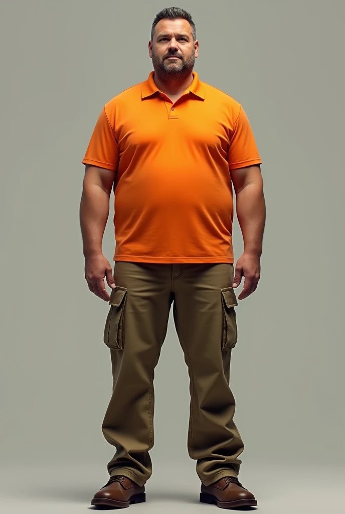 tall man in uniform of orange polo shirt and cargo pants