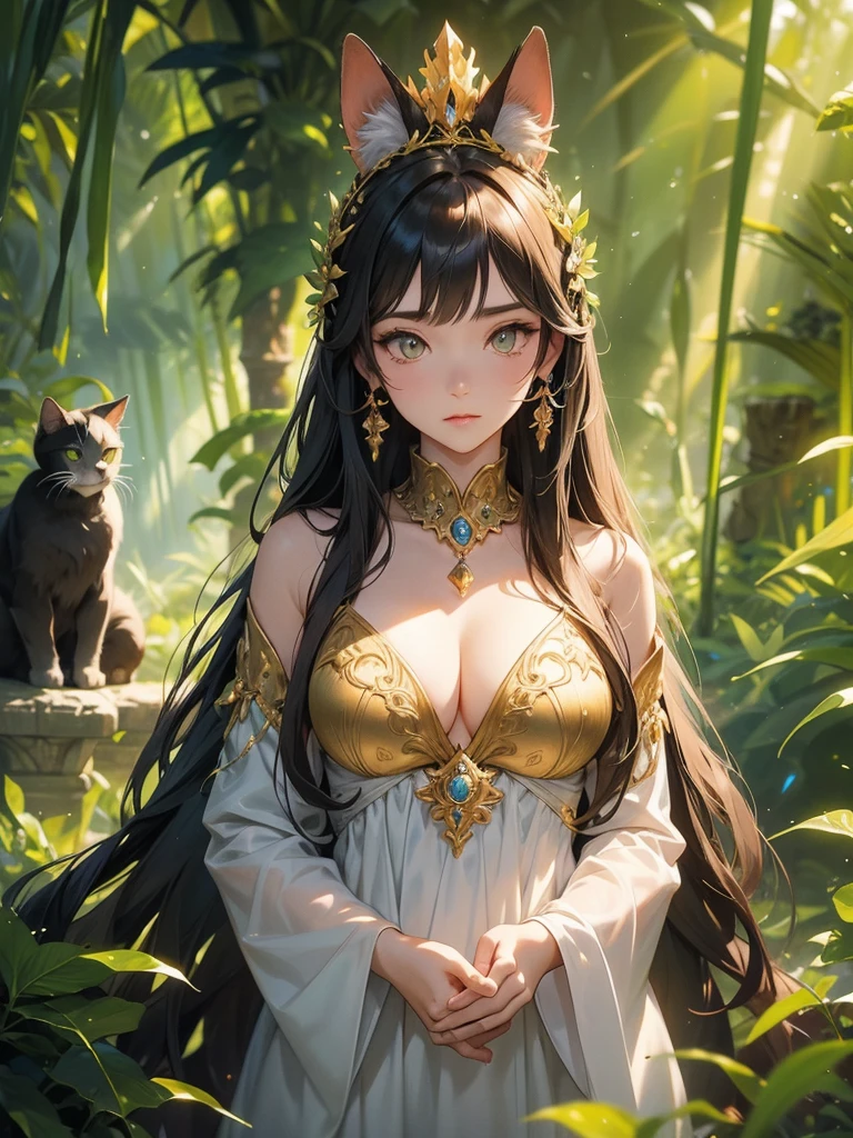 Create an image of the Altyga Kingdom's feline sovereigns in their human forms, each representing the various clans within this majestic realm. The scene is set in a lush jungle, with beams of sunlight filtering through the dense foliage, casting a mystical glow.