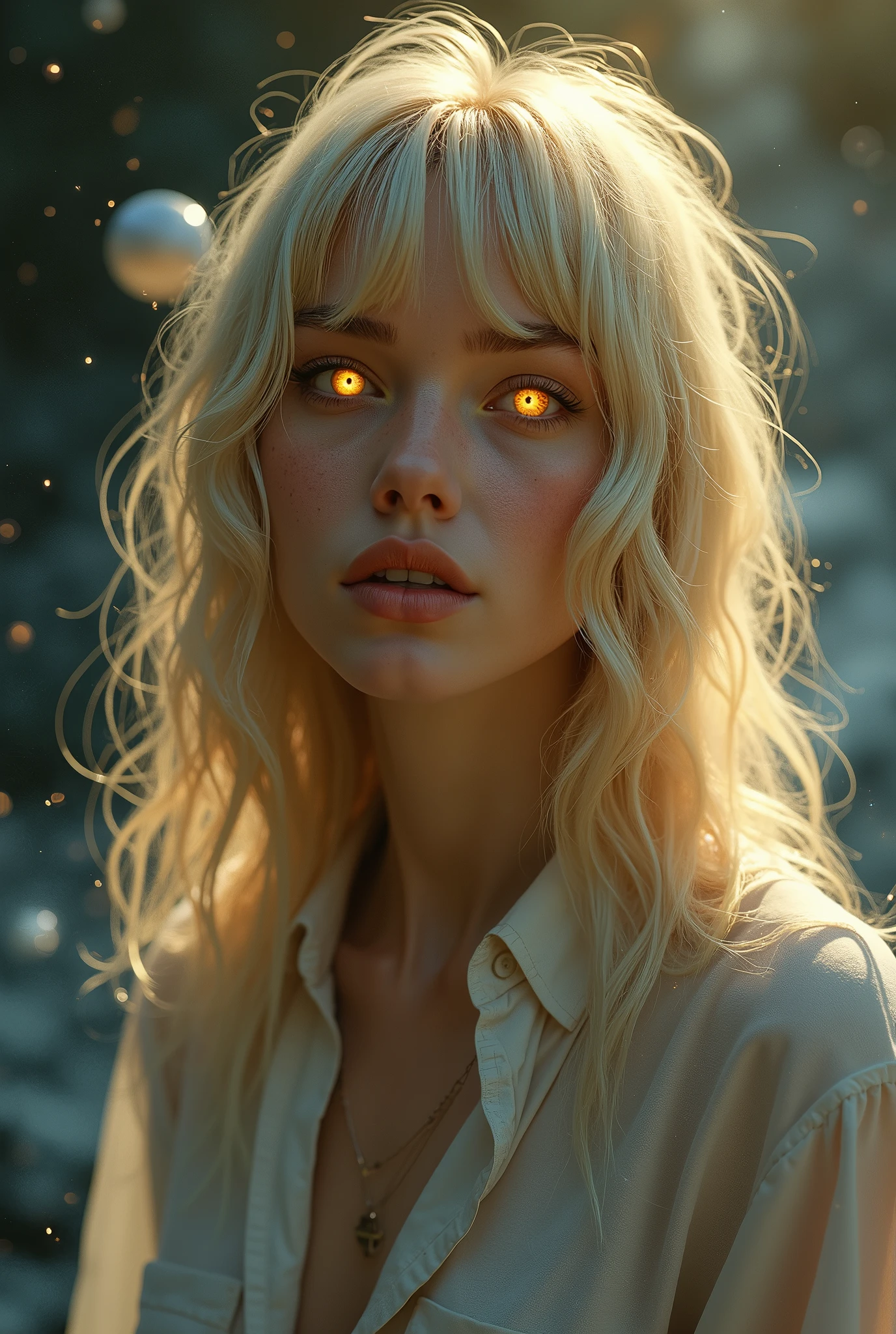 Vaguely ethereal adult woman, neutral demure expression, cosmic themes, casual modern clothing, blonde hair, bangs, otherworldly glowing golden eyes