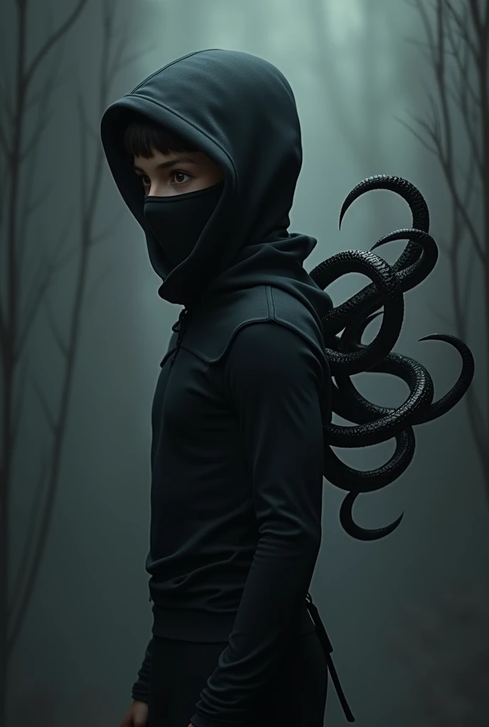Boy in black clothes, high collar, Ninja Mask, and black tentacles coming out of his back