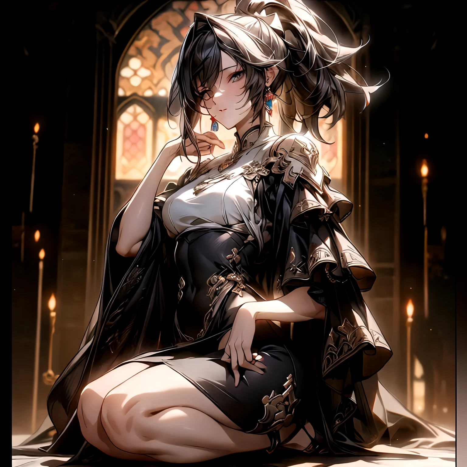(best quality)), ((Masterpiece)), (details:1.4), 3d, HDR (high dynamic range), an image of a beautiful cyberpunk female, Fantasy, Black hair, High ponytail, Full body, Beautiful white eyes, จมูกโด่ง, ปากแดง, หน้าอกใหญ่, nvidia RTX, PBR surface, After processing, Anisotropic filtration,depth of field, Maximum clarity and clarity, multi-layered surface, Subsurface scattering, perfect proportions, 8K raw files, ultra detailed, Perfect proportions, volumetric lighting, soft lighting, Holy Paldin, Heavy Black Armor, Black dress, glossy skin, intricate Silver embroidery, Castle background, jewely, ต่างหู, นิ้วมือสมบูรณ์, mini red skirt,