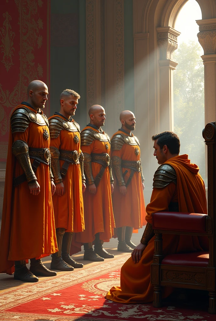 Five warriors in orange armor wait in a row to unite with the king while one of them kneels in front of the king and the king leans on the throne.