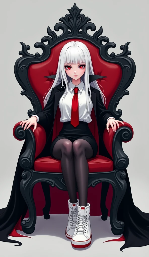 The young woman red eyes white hair wear a vampire black coat inside vampire black coat has a carmine color, white shirt, red necktie, black pencil skirt, black underpants, long black tights, black socks, white leather boots, sitting on the black red throne, grey background, cartoon novel, 4K, HD