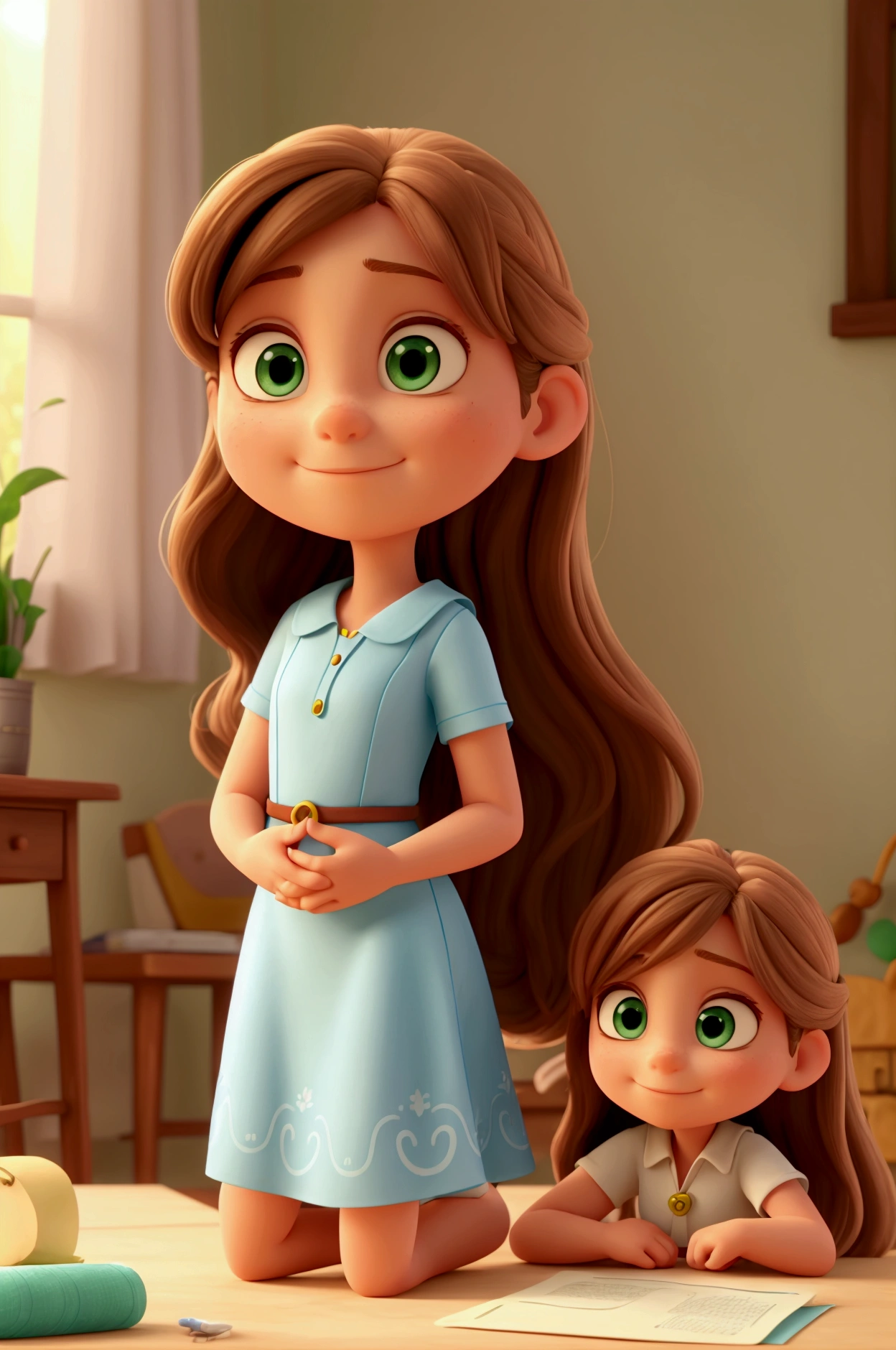 A girl named Mila, a 2 woman with long light brown hair, green eyes, a blue dress and white sandals on her feet, she is with her hands supporting her chin, looking at some papers on the other side of the table is a man with features of Jesus Christ behind her looking at her, a character consistent with Pixar's fairy tale animation style, Pixar 3D