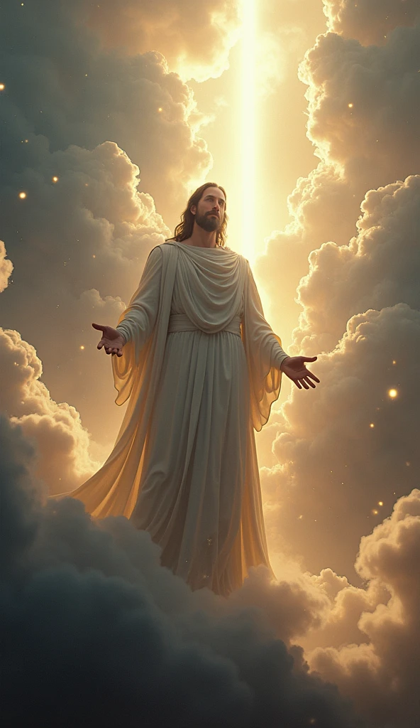 (Ultrarealistic 8k Image, improves quality) The Prophecy of the Messiah "Create a powerful and prophetic scene with the image of a divine messiah. Cut an imposing figure, surrounded by a luminous aura, with a dramatic background of clouds and rays of light. Include prophetic symbols and an atmosphere of grandeur and expectation to enhance the impact of the prophecy.."