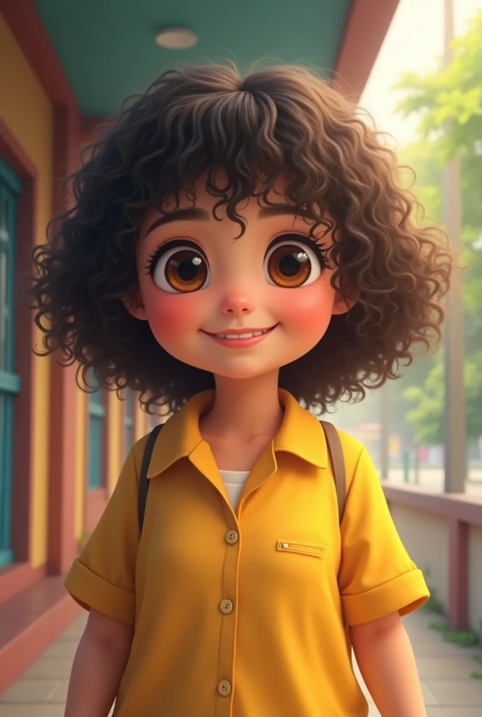  girl, short hair below the cheeks, with curls, brown eye color coffee, long eyelashes, Venezuelan, clear skin, middle nose, at his school, yellow shirt uniform, He is smiling inside his school. Beautiful and chubby 