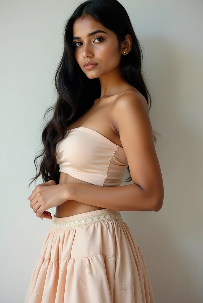 26 year indian woman, very light complexion, full body image wearing skirt with hourglass body shape ,having 36e-30-38 figure