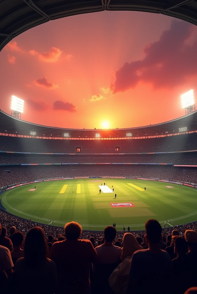 Cricket stadium  in evening time Reddish sunset audience  realistic 